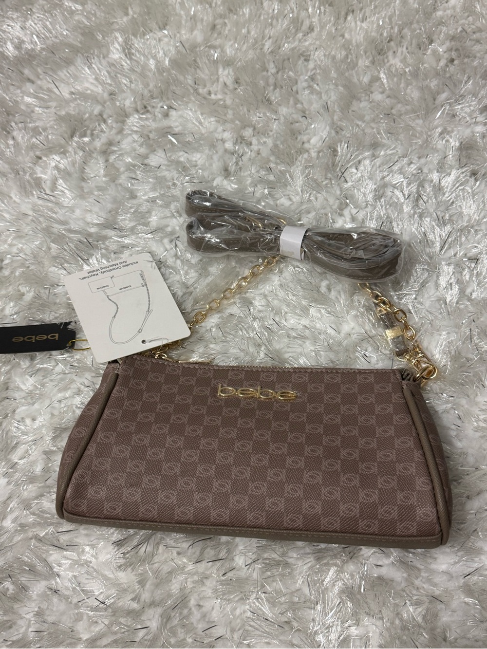 bebe Brown Monogram Shoulder Bag Crossbody Gold Chain Strap New With Tags